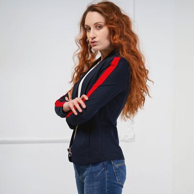 Blazer in jersey stretch blu navy con righe rosse a contrasto sulla manica