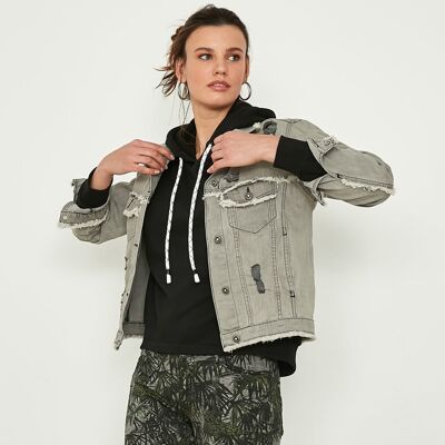 Gray denim jacket in vintage look with embroidered leopard on the back