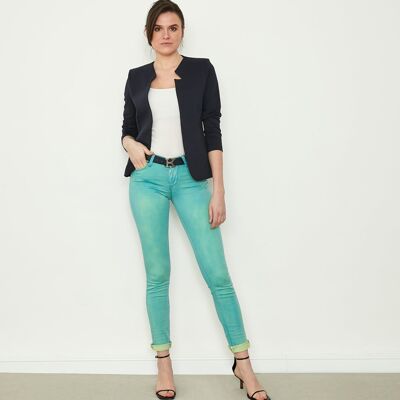 Pantalon coupe slim en satin de coton turquoise d'été avec finition à la main