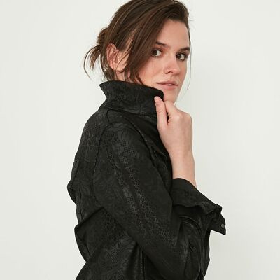 Veste en jean noir à l'aspect ciré avec un imprimé ton sur ton à motif floral