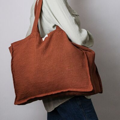 Large Linen Tote Shopper Bag - Light brown