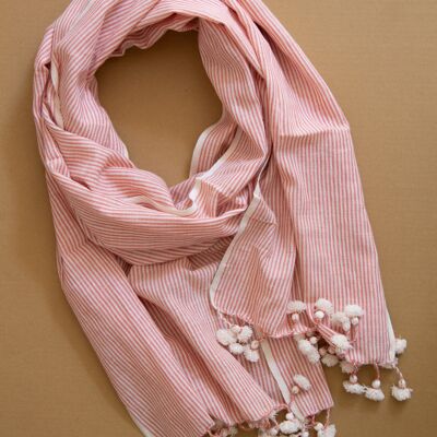 Handwoven summer scarf made from organic cotton, vegetable dyed - red stripes