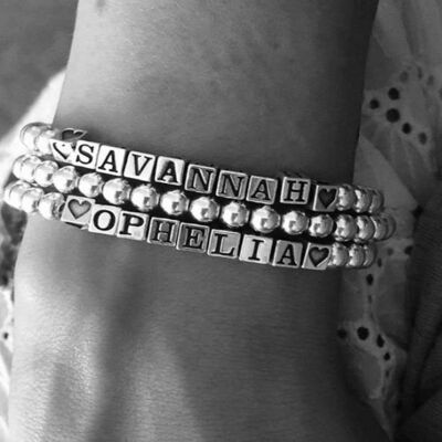 Pulsera de Plata Personalizada - 7-12 letras/corazones