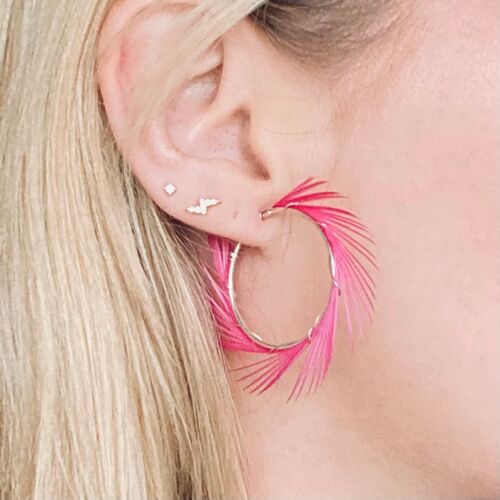 Feather Hoop Earrings - Pink - Gold 30mm