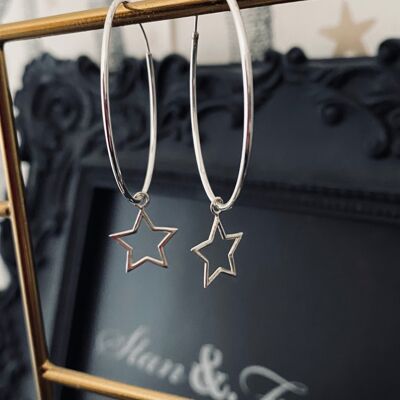 Aretes de aro con estrella - Plata mediano