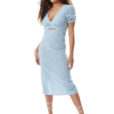 Liquorish Gingham Cut out front Midi Dress in Blue and White