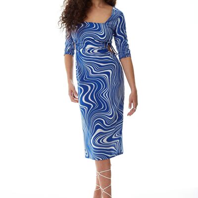 Liquorish Marble Print Jersey Midi Dress with Cut Out Details in Blue