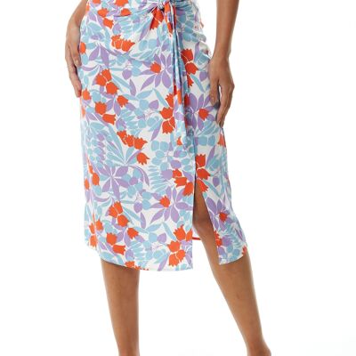 Liquorish Floral Print Knot Front Midi Skirt in Blue and Red