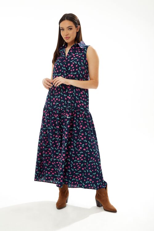 Liquorish Oversized Cherry Print Maxi Dress in Navy