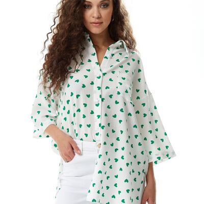 Camisa Estampado Corazones Verde Liquorish en Blanco