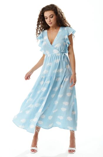 Robe portefeuille mi-longue à imprimé nuage Liquorish avec manches à volants en bleu 8