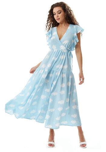 Robe portefeuille mi-longue à imprimé nuage Liquorish avec manches à volants en bleu 22