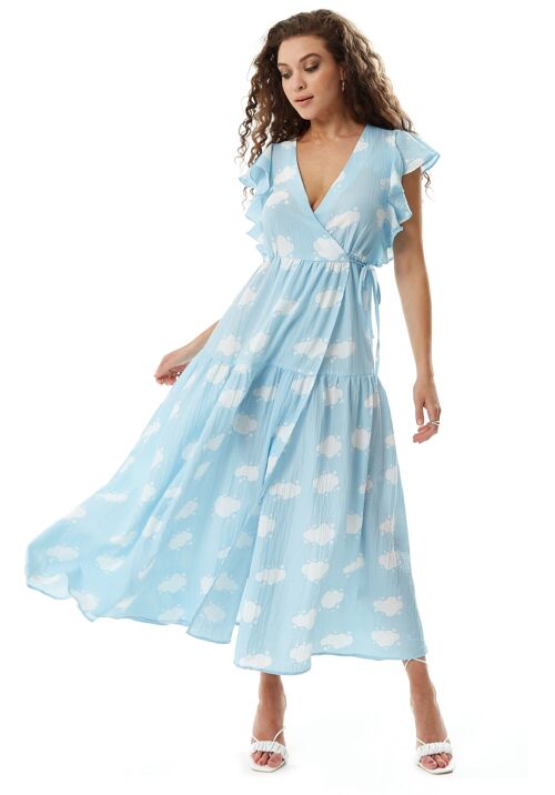 Liquorish cloud Print Midi Wrap Dress with Frill Sleeves in Blue