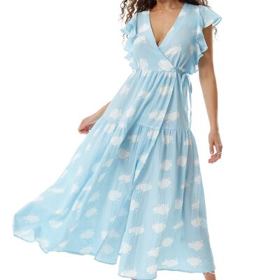 Robe portefeuille mi-longue à imprimé nuage Liquorish avec manches à volants en bleu