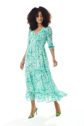 Liquorish Floral Maxi Robe en Mousseline de Soie en Vert et Blanc 3