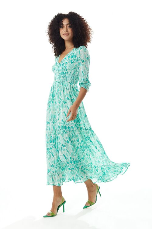 Liquorish Floral Maxi Chiffon Dress in Green and White