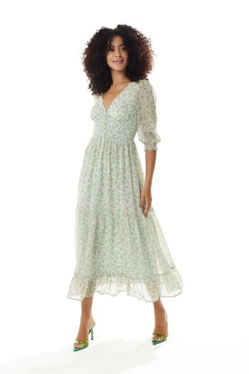 Robe longue en mousseline à fleurs Liquorish en vert menthe 23