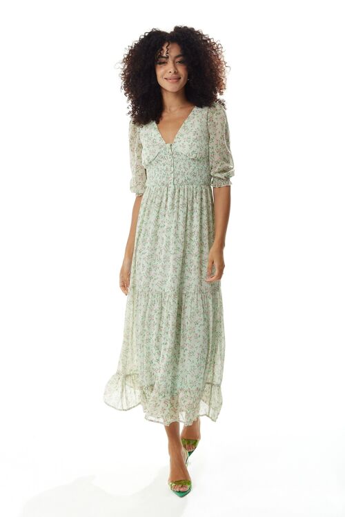 Liquorish Floral Maxi Chiffon Dress in Mint Green