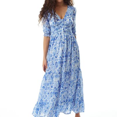 Liquorish Floral Maxi Chiffon Dress in Blue and White