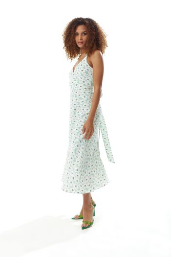 Robe mi-longue à fleurs vert liqueur avec dos ouvert 23