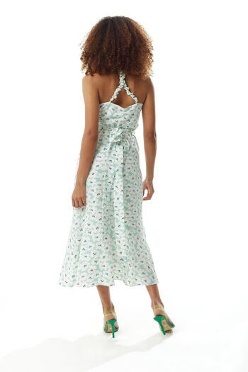 Robe mi-longue à fleurs vert liqueur avec dos ouvert 25