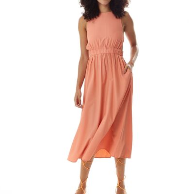 Robe mi-longue orange vif avec dos ouvert et taille élastiquée