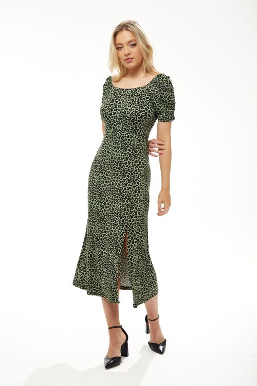 Liquorish Fitted Midi Dress in Khaki Animal Print