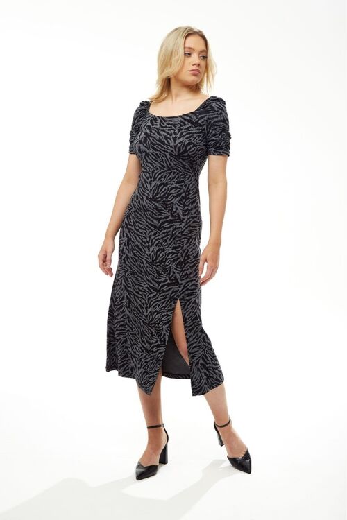 Liquorish Fitted Midi Dress in Black and Grey Zebra Print