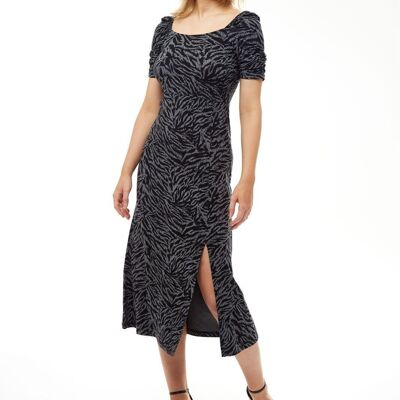 Liquorish Fitted Midi Dress in Black and Grey Zebra Print