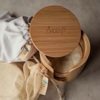 Coffret cadeau de 8 tampons de maquillage en bambou, sac de rangement, sac à linge et boîte de rangement en bambou 2