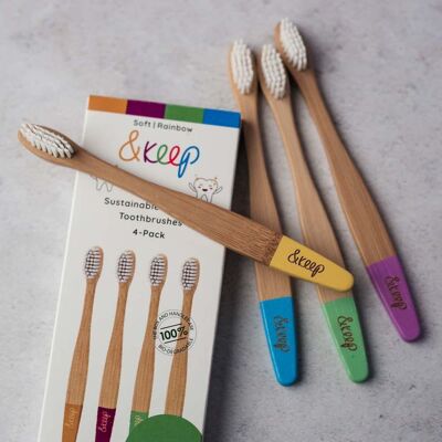 &Keep Spazzolini da denti in bambù per bambini - Confezione da 4 Rainbow