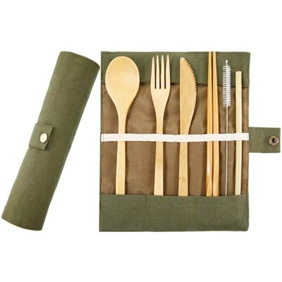 Ensemble de couverts en bambou, paille et baguettes dans une pochette de rangement en coton - Olive