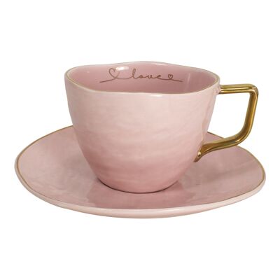 Tasse 200 ml mit Unterteller Goldrand "LOVE Serie" rosa