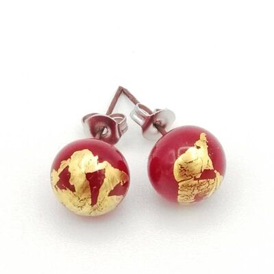 Red Murano glass and gold leaf ear studs