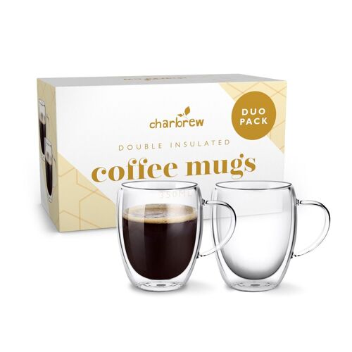 2 Pack Borosilicate Glass Coffee Cups 350ml by Charbrew - Double Insulated, Lightweight and Durable