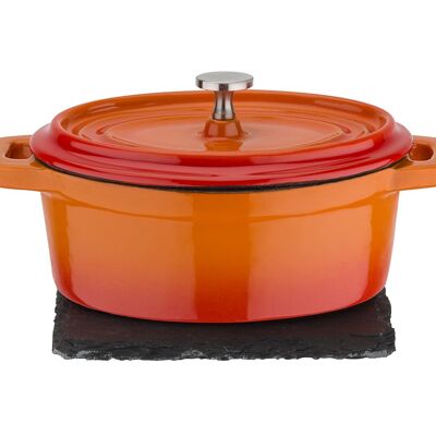 Mini pot de service ovale en fonte Orange Shadow 12x9,5cm, avec assiette en ardoise