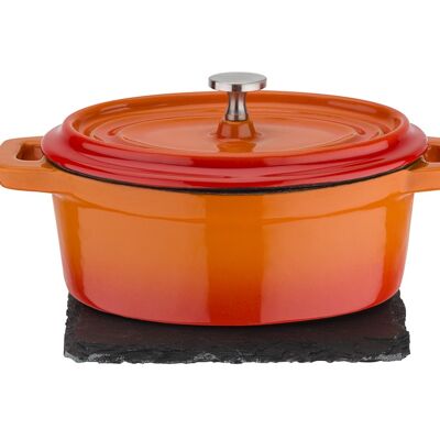 Cast iron mini oval serving pot Orange Shadow 12x9.5cm, incl. slate plate