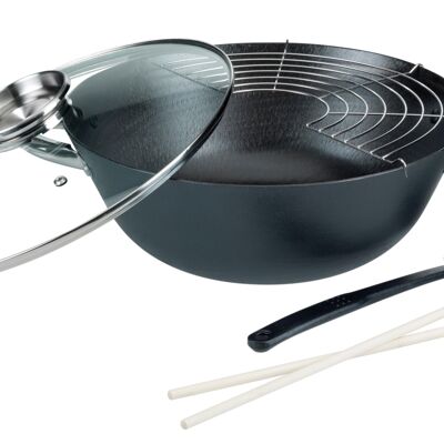 Juego de wok de hierro fundido / olla multifuncional 5 piezas.