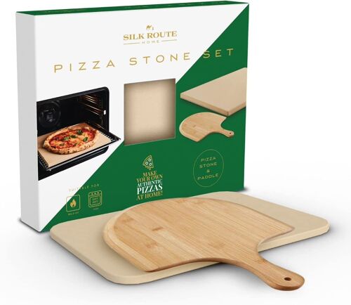 Pizza Stone & Paddle Set by Silk Route Spice Company – High Quality Pizza Stone With Non-Stick Bamboo Paddle