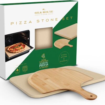 Pizza Stone & Paddle Set by Silk Route Spice Company – High Quality Pizza Stone With Non-Stick Bamboo Paddle