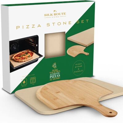 Ensemble pierre à pizza et pagaie par Silk Route Spice Company - Pierre à pizza de haute qualité avec pagaie en bambou antiadhésive