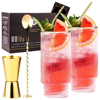 Bicchieri Highball Ripple fatti a mano con cerchi dorati e accessori per barre dorate