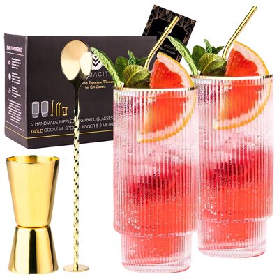 Handmade Ripple Highball Glasses With Gold Rims & Gold Bar Accessories