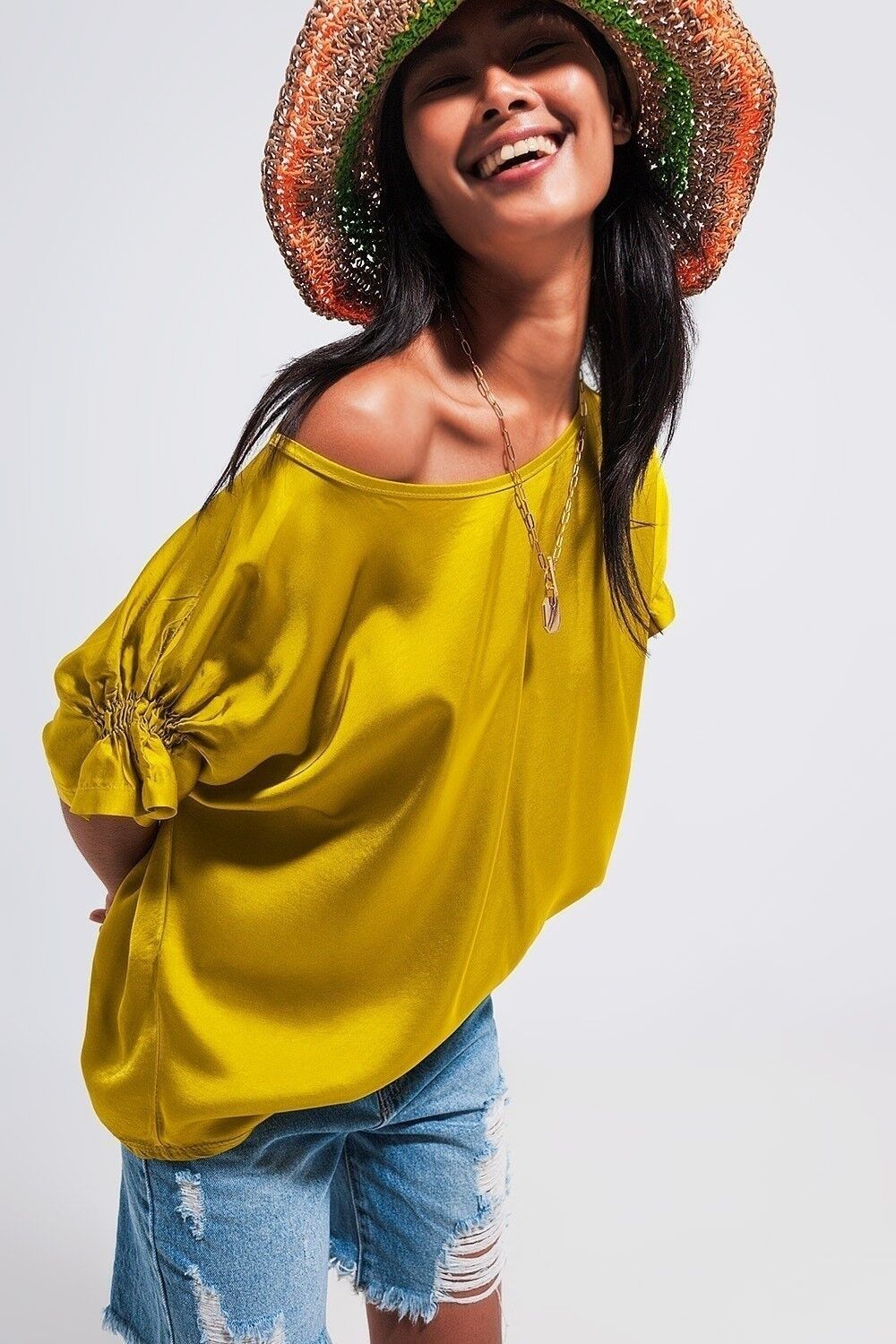 Blusa con arricciatura maniche corte color lime