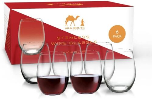 Premium Stemless Wine Glasses by Silk Route Spice Company  - 6 x 500ml Lightweight Goblet Glasses