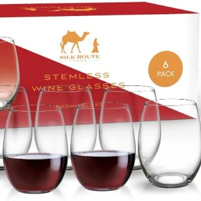 Premium Stemless Wine Glasses by Silk Route Spice Company  - 6 x 500ml Lightweight Goblet Glasses