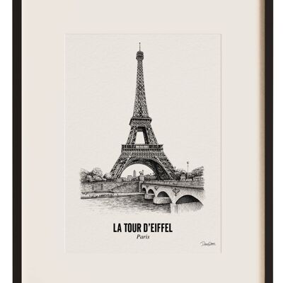 La tour d'Eiffel - Dessin fait main - cadre en bois - plaque de verre