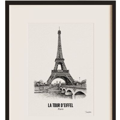 La tour d'Eiffel - Dessin fait main - cadre en bois - plaque de verre