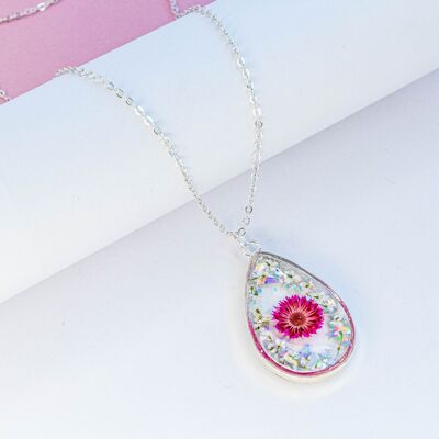 Emma PINK teardrop necklace with real flowers and glitter