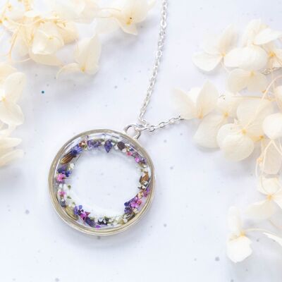 Laella Round silver plated real lavender and queen anne's lace necklace